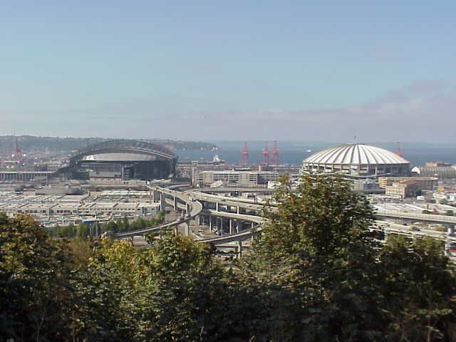Safeco Field on the left, football stadium on the right